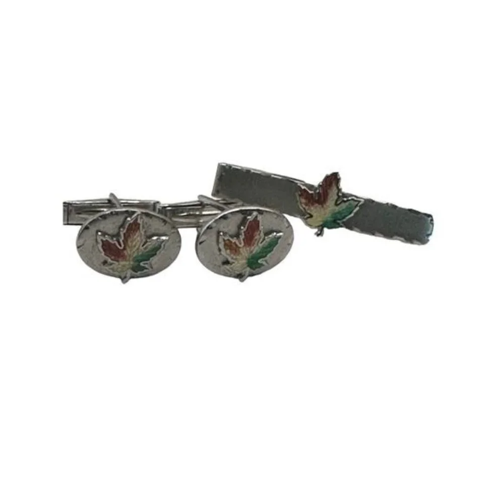 Sterling Silver Maple Leaf Cufflinks & Tie Clip Set With Enamel Accents